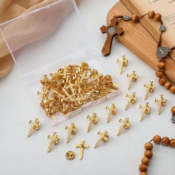 50 Pcs Gold Cross Pins Bulk Christian Jewelry for Men Women Chaplain Church Pray - Picture 3 of 6